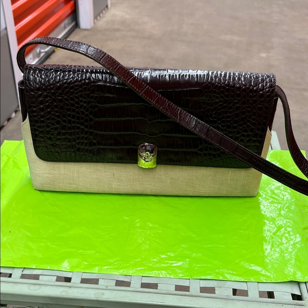 Ralph Lauren Double RL Textured Brown and Cream Crossbody Bag
